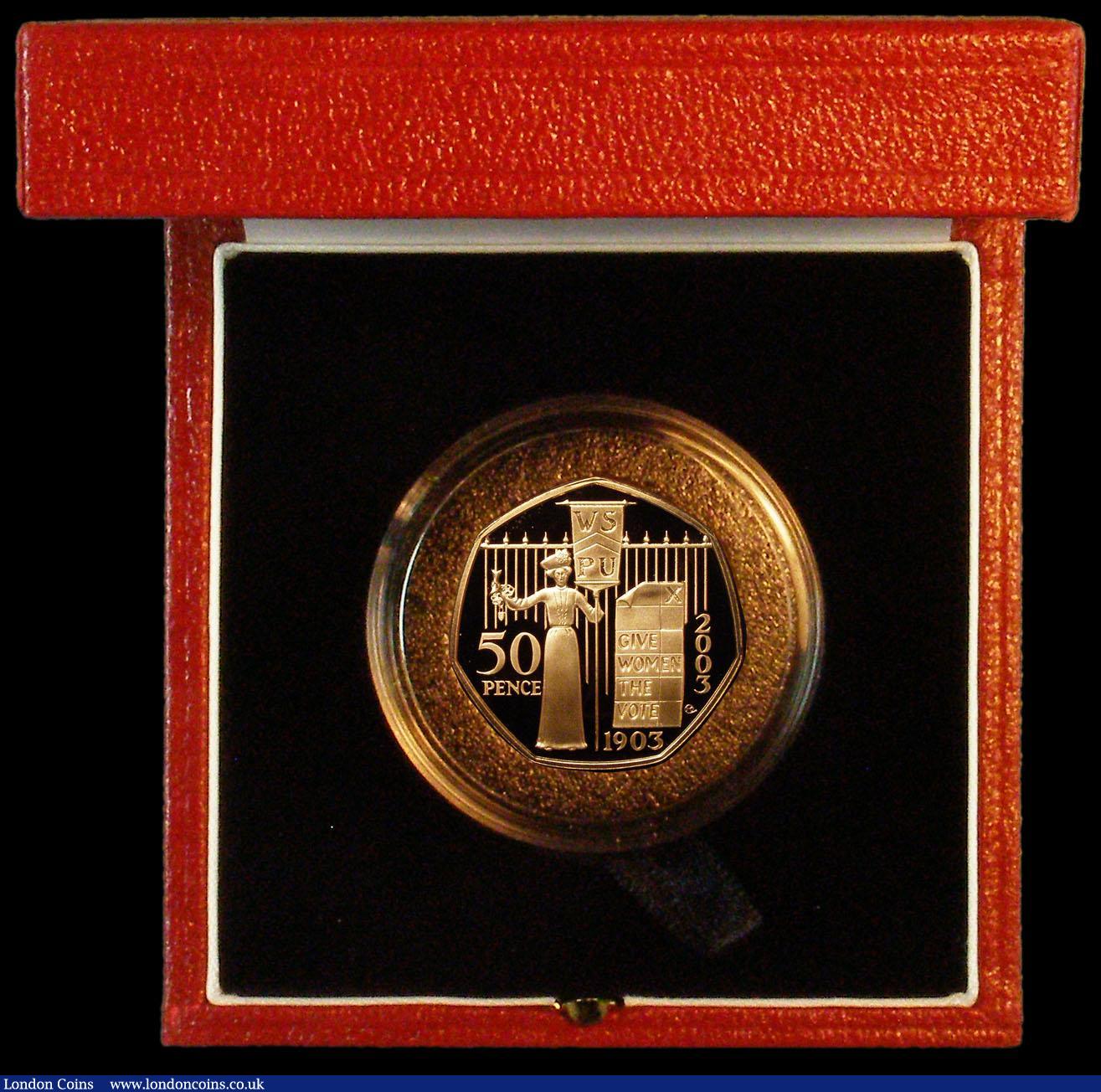 London Coins : A164 : Lot 59 : Fifty Pence 2003 WSPU 100th Anniversary Gold Proof S.H12 FDC in the Royal Mint box of issue with cer...