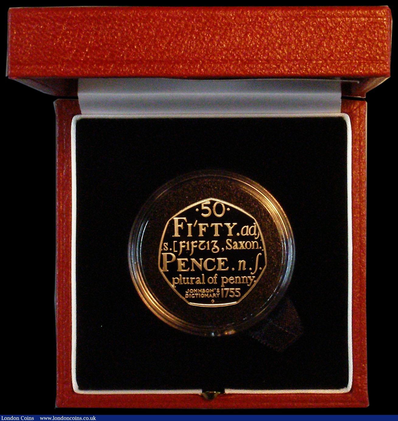 London Coins : A164 : Lot 61 : Fifty Pence 2005 250th Anniversary of Samuel Johnson's Dictionary Gold Proof S.H14 nFDC in the ...