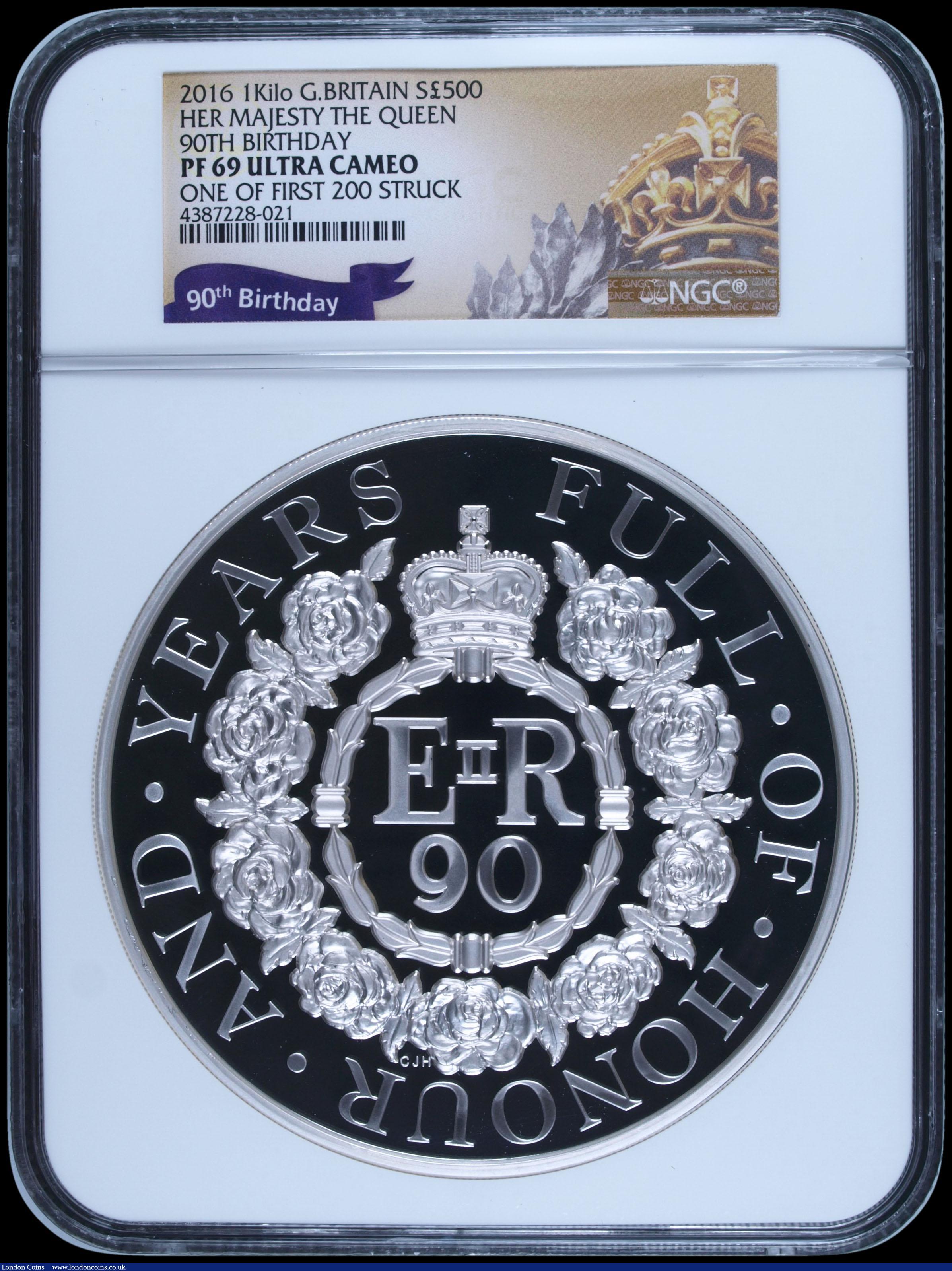 London Coins : A164 : Lot 84 : Five Hundred Pounds 2016 Queen Elizabeth II 90th Birthday 1 Kilo Silver Proof, in a large NGC holder...