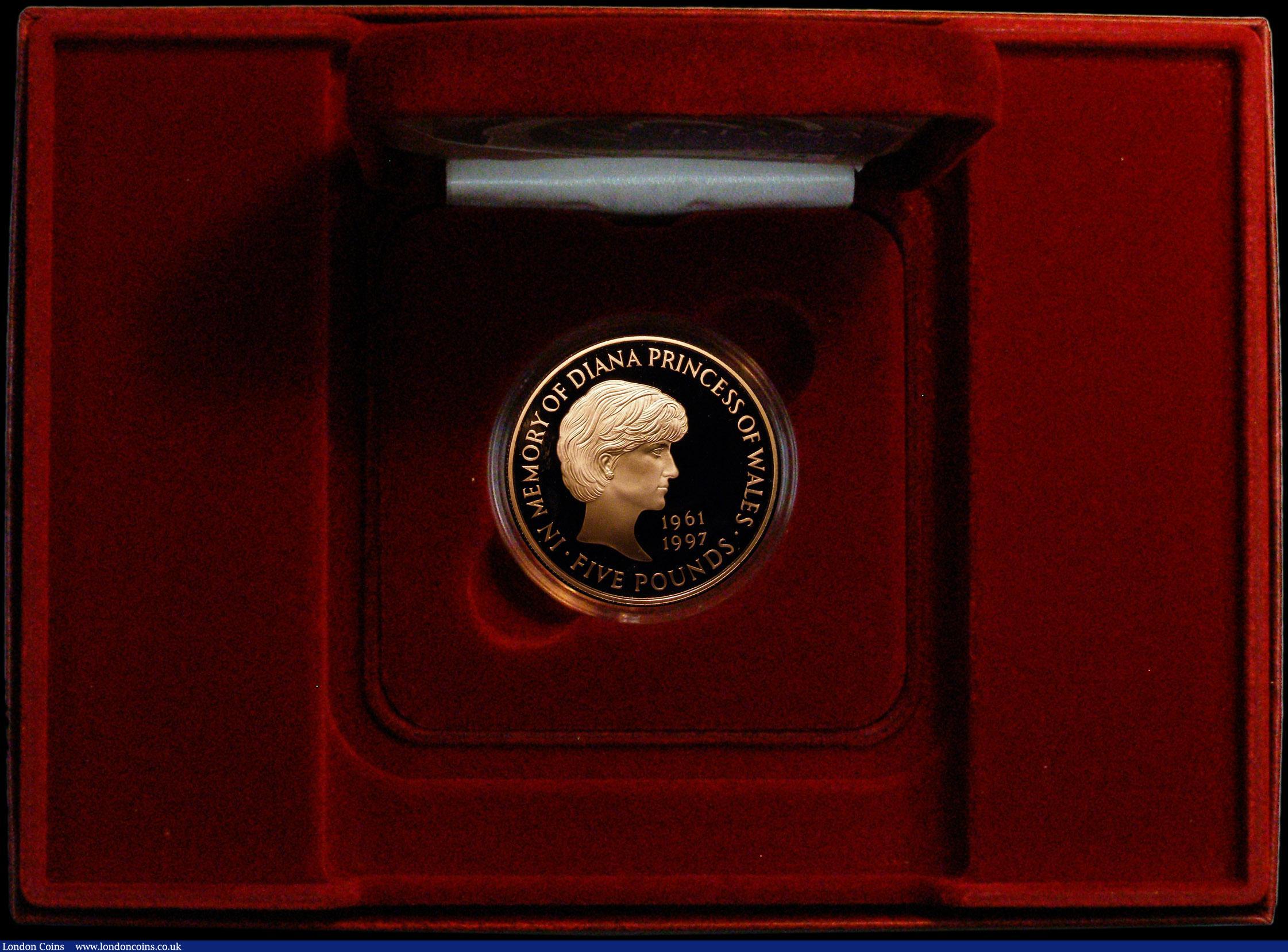 London Coins : A164 : Lot 90 : Five Pound Crown 1999 Diana Memorial Gold Proof S.L6 nFDC in the Royal Mint box of issue with certif...
