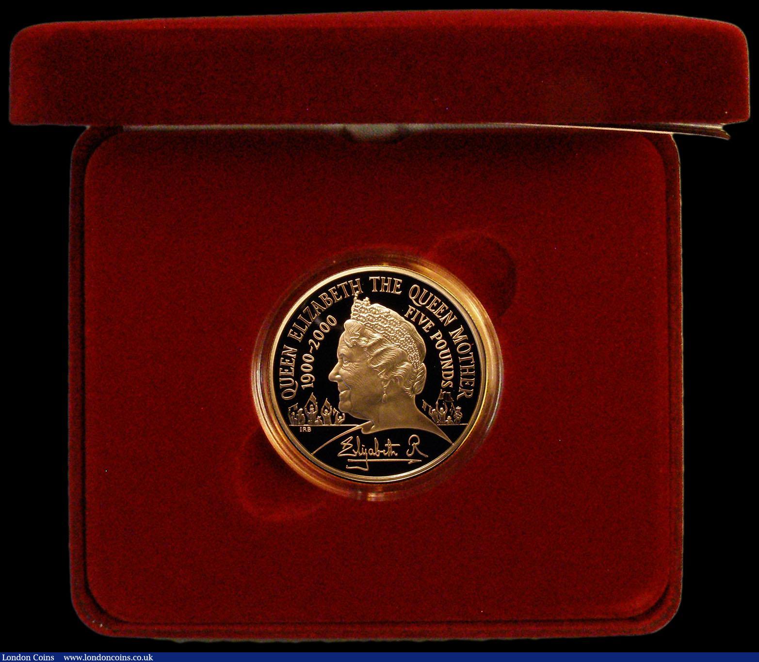 London Coins : A164 : Lot 91 : Five Pound Crown 2000 Queen Mother 100th Birthday Gold Proof S.L8 FDC in the Royal Mint box of issue...