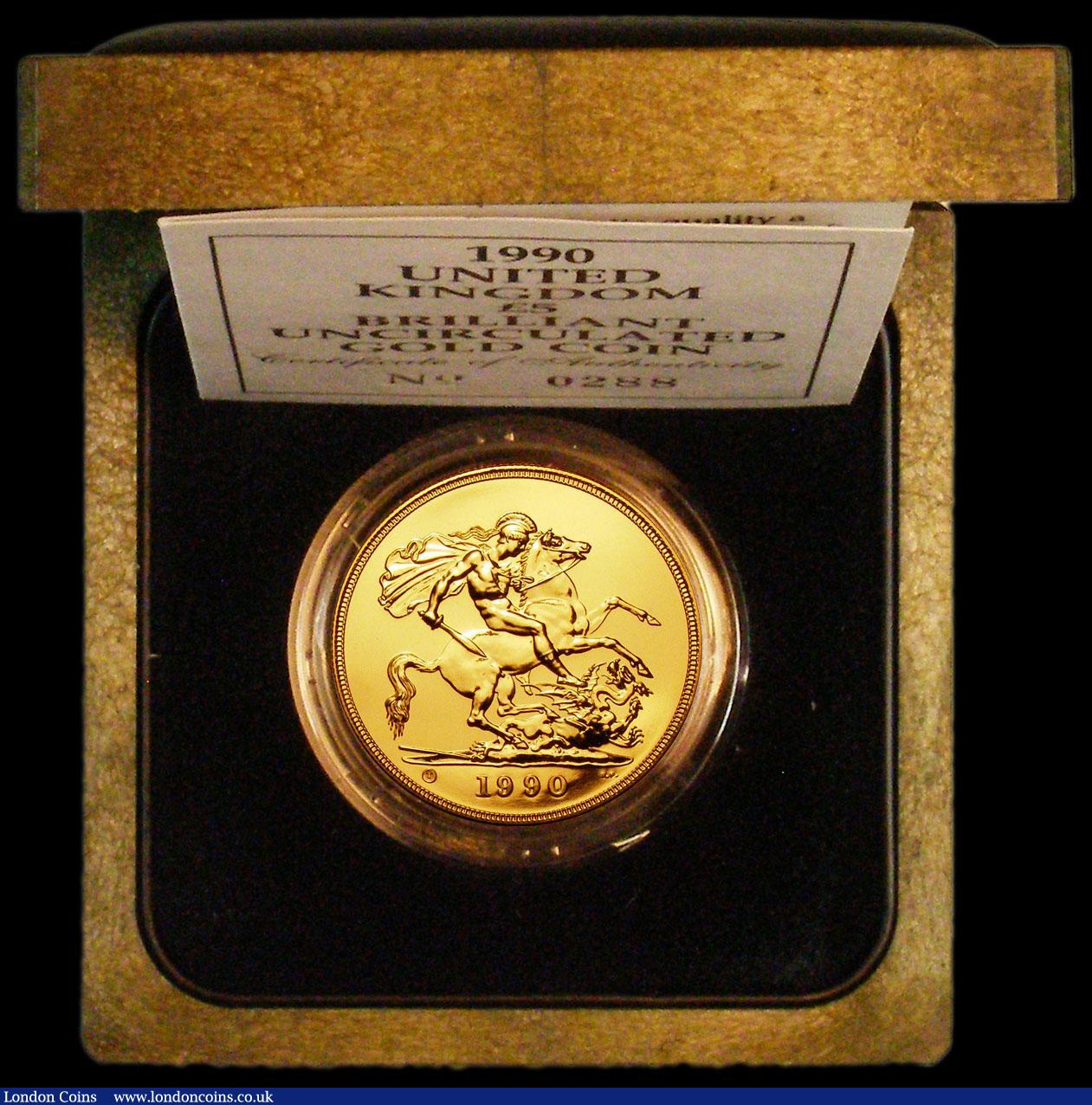 London Coins : A164 : Lot 95 : Five Pounds Gold 1990U S.SE4 minor toning spots on the obverse otherwise BU in the Royal Mint box of...