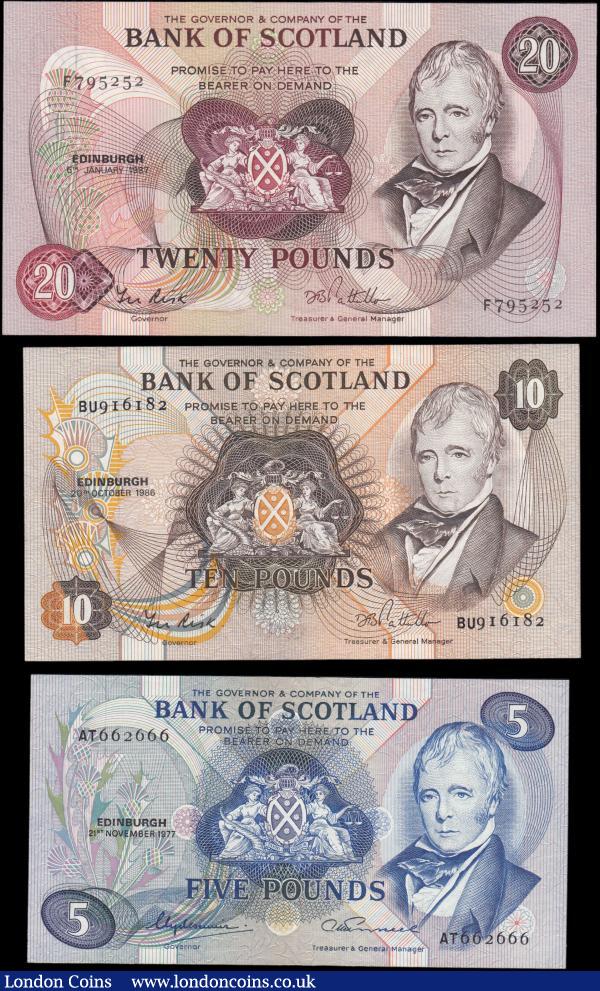 Scotland (3) Bank of Scotland Lord Clydesmuir portrait Denomination set comprising 5 Pounds Callaway & Murphy BA 114c ( Pick 112c ) dated 21st November 1977 attractive serial AT 662666 GEF - about UNC. 10 Pounds Callaway & Murphy BA 116c ( Pick 113c) dated 20th October 1986 GEF - about UNC. 20 Pounds Calloway & Murphy BA118e dated 6th January 1987 series F 795252 about UNC - UNC : World Banknotes : Auction 165 : Lot 1014