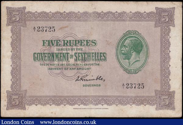 Seychelles 5 Rupees ND1936 Pick 3 Pressed Fine : World Banknotes : Auction 165 : Lot 1051
