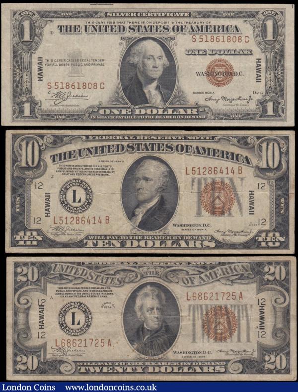 Hawaii World War 2 Emergency 1942 Brown seal issues (3) in VG - good Fine all with overprint "HAWAII" comprising Treasury 1 Dollar Silver certificate Pick 36 George Washington portrait series 1935A serial number S 51861808 C. Federal Reserve Bank L (San Francisco Branch) 10 Dollars Pick 40a Alexander Hamilton portrait series 1934A serial number L 51286414 B and 20 Dollars Pick 41 Andrew Jackson portrait series 1934 serial number L 68621725 A with some light rust spots. These notes have been issued after the attack on Pearl Harbour by the Japanese as a financial precaution to a possible invasion and capture of US Currency. Scarce and sought after : World Banknotes : Auction 165 : Lot 1218