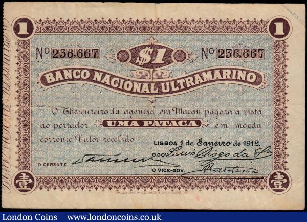 Macau 1 Pataca 1.1.1912 printer BWC tiny centre hole Fine or near so Pick 7 : World Banknotes : Auction 165 : Lot 1237