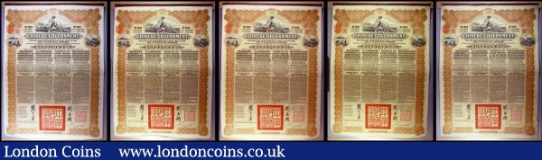 China, Chinese Government 1913 Reorganisation Gold Loan, 5 x bonds for £20, Hong Kong & Shanghai Bank issues, vignettes of Mercury and Chinese scenes, black & brown with coupons Fine to VF  : Bonds and Shares : Auction 165 : Lot 1295