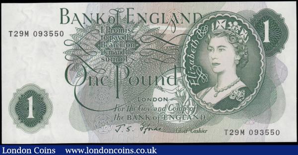 One Pound Fforde B308 issued 1967, "G" reverse REPLACEMENT T29M 093550, very rare first number for this prefix, (Pick374e), light dent in paper, about Uncirculated to Uncirculated : English Banknotes : Auction 165 : Lot 211