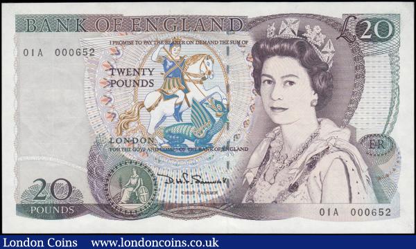 Twenty Pounds Somerset B351 issued 1984, low number first run 01A 000652 About UNC - UNC : English Banknotes : Auction 165 : Lot 245