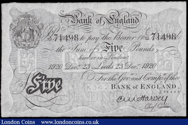 Five Pounds Harvey White note B209ad dated 23rd December 1920 series U25 71498 LEEDS branch issue EF and Exceptionally Scarce note : English Banknotes : Auction 165 : Lot 301
