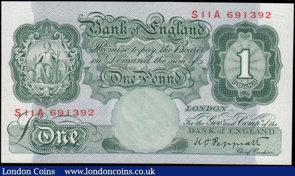 One Pound Green Peppiatt Third Period, B258 Unthreaded issue 1948, series S11A 691392, UNC : English Banknotes : Auction 165 : Lot 349