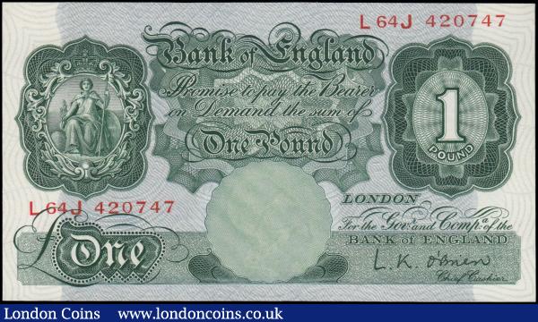One Pound Green O'Brien, B273 issued 1955 first run series L64J 420747, choice UNC and very scarce in this high grade showing off the exquisite Britannia design printed at St. Luke's Works, London : English Banknotes : Auction 165 : Lot 382