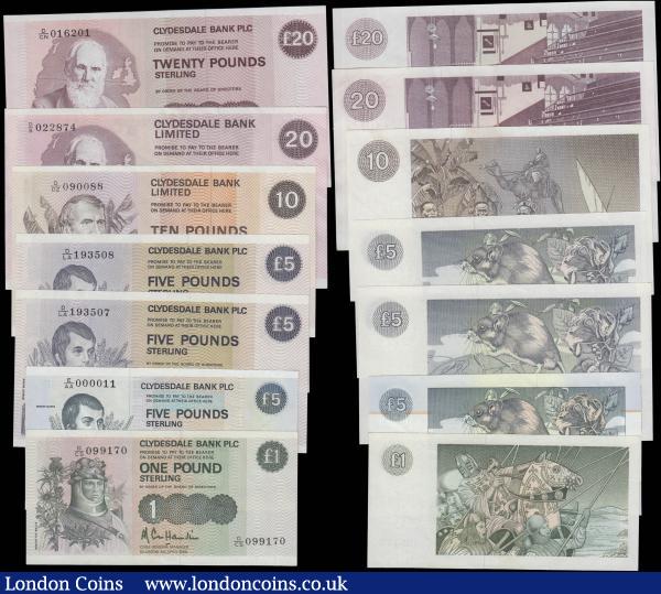 Scotland Clydesdale Bank PLC an assortment of 1, 5,10 and 20 Pounds in mostly high grades to UNC (10) includes Robert Burns Commemorative set of 4 all with same serial number R/B 2004139 accompanying with the original envelope and folder : World Banknotes : Auction 165 : Lot 795