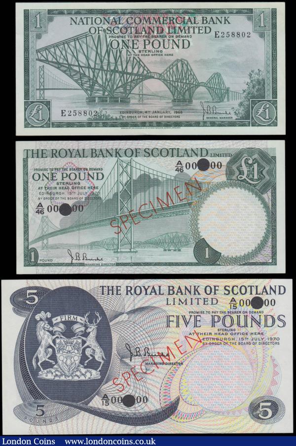 Scotland signature Burke notes includes SPECIMEN issues (3) comprising  The Royal Bank of Scotland Limited SPECIMEN issues 1 pound Calloway-Murphy RB69 serial number A/46 000000 and 5 pounds Calloway-Murphy RB71 serial number A/15 000000, both dated 15th July 1970 and with red SPECIMEN overprint diagonally on obverse and reverse. Along with National Commercial Bank of Scotland Limited 1 Pound Calloway-Murphy NC8 dated 4th January 1968 serial number E258802. All in high grades to about UNC -UNC : World Banknotes : Auction 165 : Lot 798