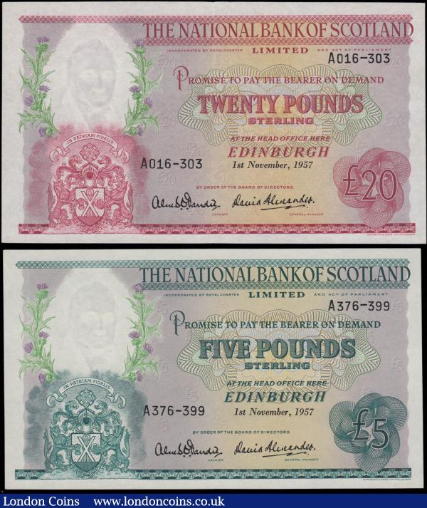 Scotland The National Bank of Scotland signatures A.S.O. Dandie & D. Alexander 1st November 1957 issues (2) including 5 pounds Calloway-Murphy NA68 serial number A376-399, dark green on multicolour Coat of Arms lower left on obverse and Bridge on reverse about UNC - UNC along with 20 Pounds Calloway-Murphy NA 69 serial number A016-303, red on multicolour Coat of Amrs at lower left on obverse and Bridge on reverse GVF : World Banknotes : Auction 165 : Lot 807