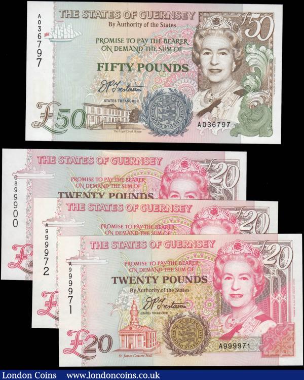 The States of Guernsey QE2 issues (4) including 20 Pounds (3) consisting of a consecutive pair signature D.P. Trestain Pick 58a (Banknote Yearbook GU63a) serial numbers A999971 & A999972 along with signature D.M. Clark Pick 58b (Banknote Yearbook GU63b) a HIGH serial number for this type C899900 given GU63b ends C900000, all in pink dark brown and orange on multicolour underprint with Queen Elizabeth II & St James Concert Hall on obverse and flowers, St. Sampson's Church and sailing boats below Vale Castle on reverse. Along with 50 pounds signature D.P. Trestain Pick 59 (Banknote Yearbook GU71a) serial number A036797, dark brown dark green and blue-black on multicolour underprint with Queen Elizabeth II & The Royal Court House on obverse and La Gran'mere, Pointe de la Moye, Letter of marque & St. Andrew's Church on reverse. All about UNC - UNC : World Banknotes : Auction 165 : Lot 832