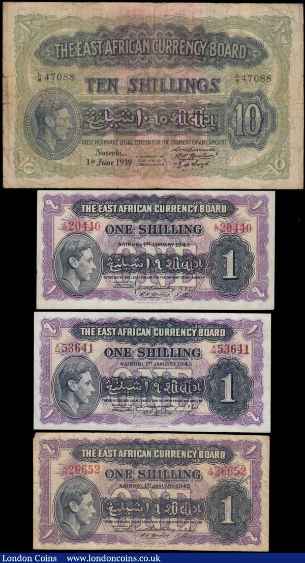 East Africa (4) The East African Currency Board Nairobi 1 Shillings Pick 27 dated 1st January 1943  George VI & Lion (3) series A/37 20440 GVF, series A/52 53641 EF small light stain on reverse and series A/58 26652 Fine. Along with 10 Shillings Pick 26B dated 1st June 1939  George VI & Lion without printers name and date numbers and letters partially in italic and upright VG : World Banknotes : Auction 165 : Lot 890