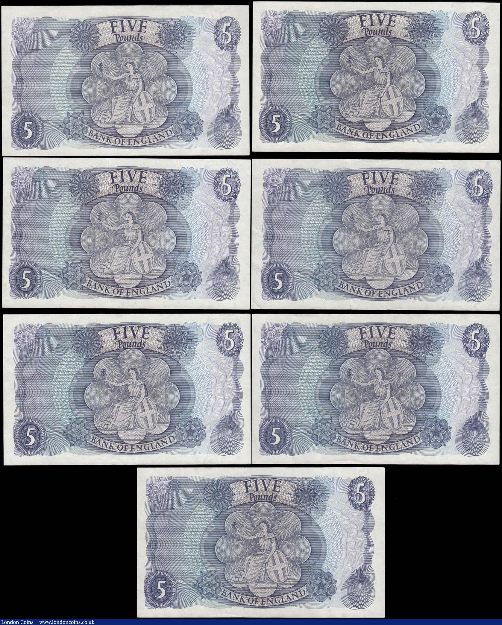 London Coins : A165 : Lot 101 : Five Pounds Fforde QE2 portrait & seated child Britannia B312 Blue issue 1967 (7) includes a con...