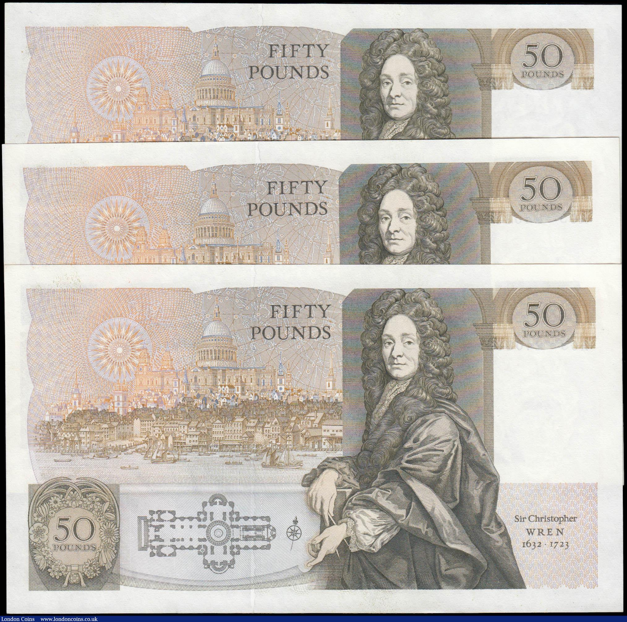 London Coins : A165 : Lot 114 : Fifty Pounds Somerset QE2 pictorial & Sir Christopher Wren B352 issues 1981 (3) a consecutive tr...
