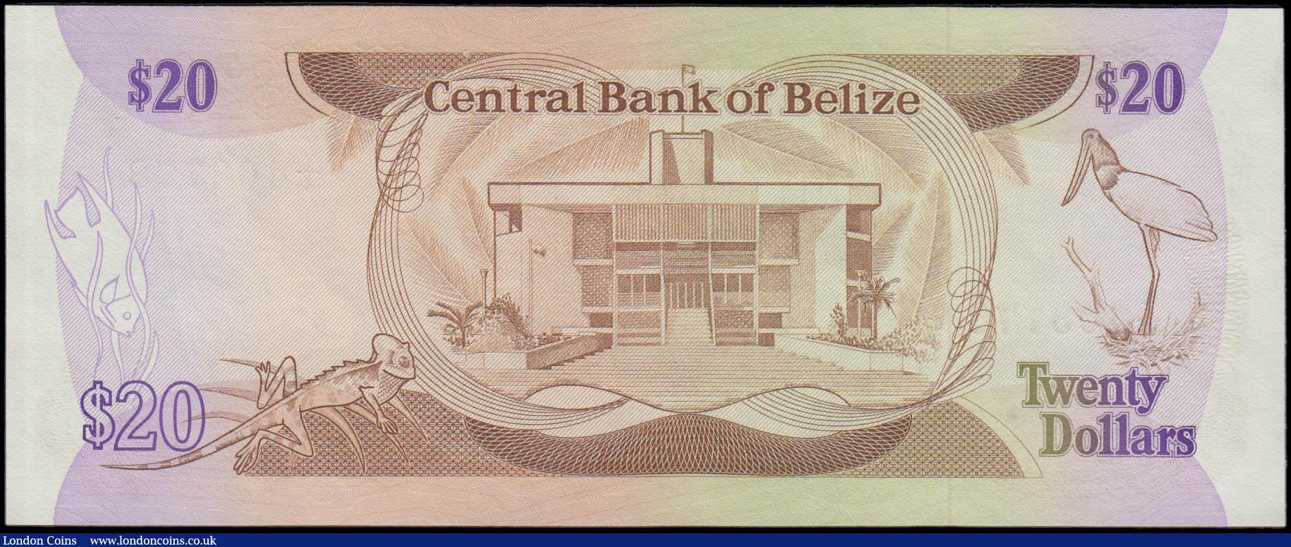 London Coins : A165 : Lot 1163 : Belize Central Bank 20 Dollars Pick 45 dated 1st July 1983 serial number T/4 403778, brown and red-o...