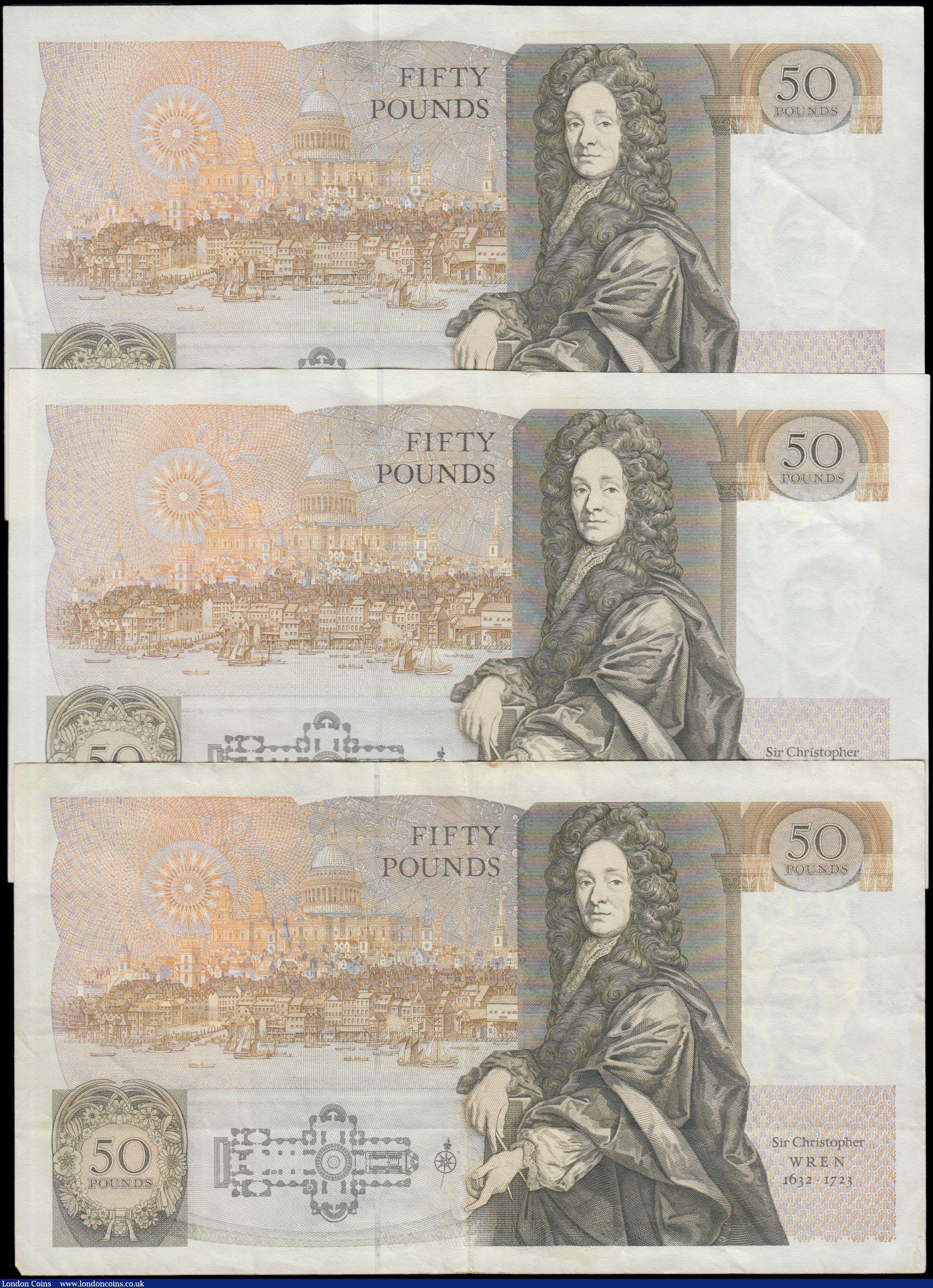 London Coins : A165 : Lot 119 : Fifty Pounds Gill QE2 pictorial & Sir Christopher Wren B356 Brown issues 1988 (3) comprising ser...