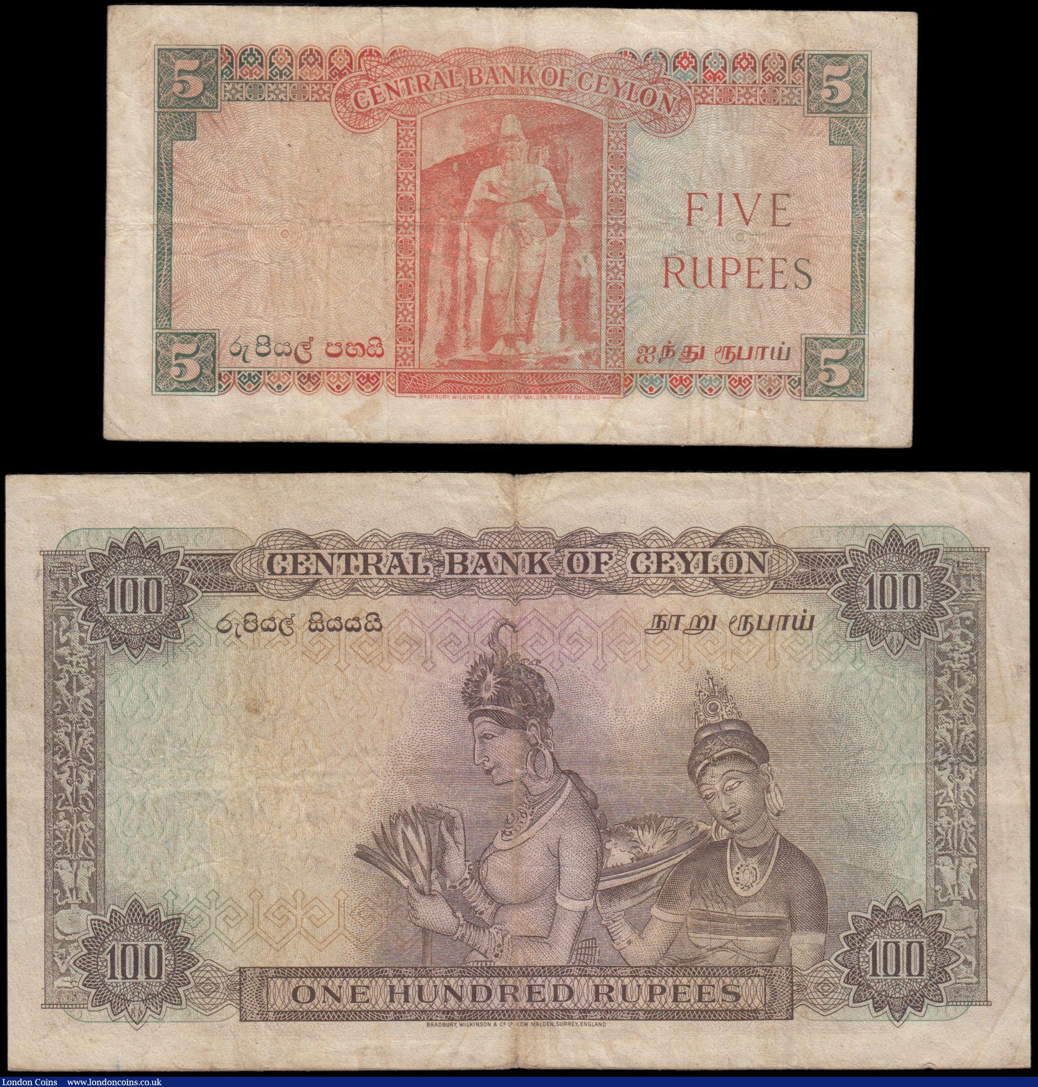 London Coins : A165 : Lot 1192 : Ceylon QE2 portrait 16th October 1954 issues (2) comprising 100 Rupees Pick 53 series V/29 86344 bro...