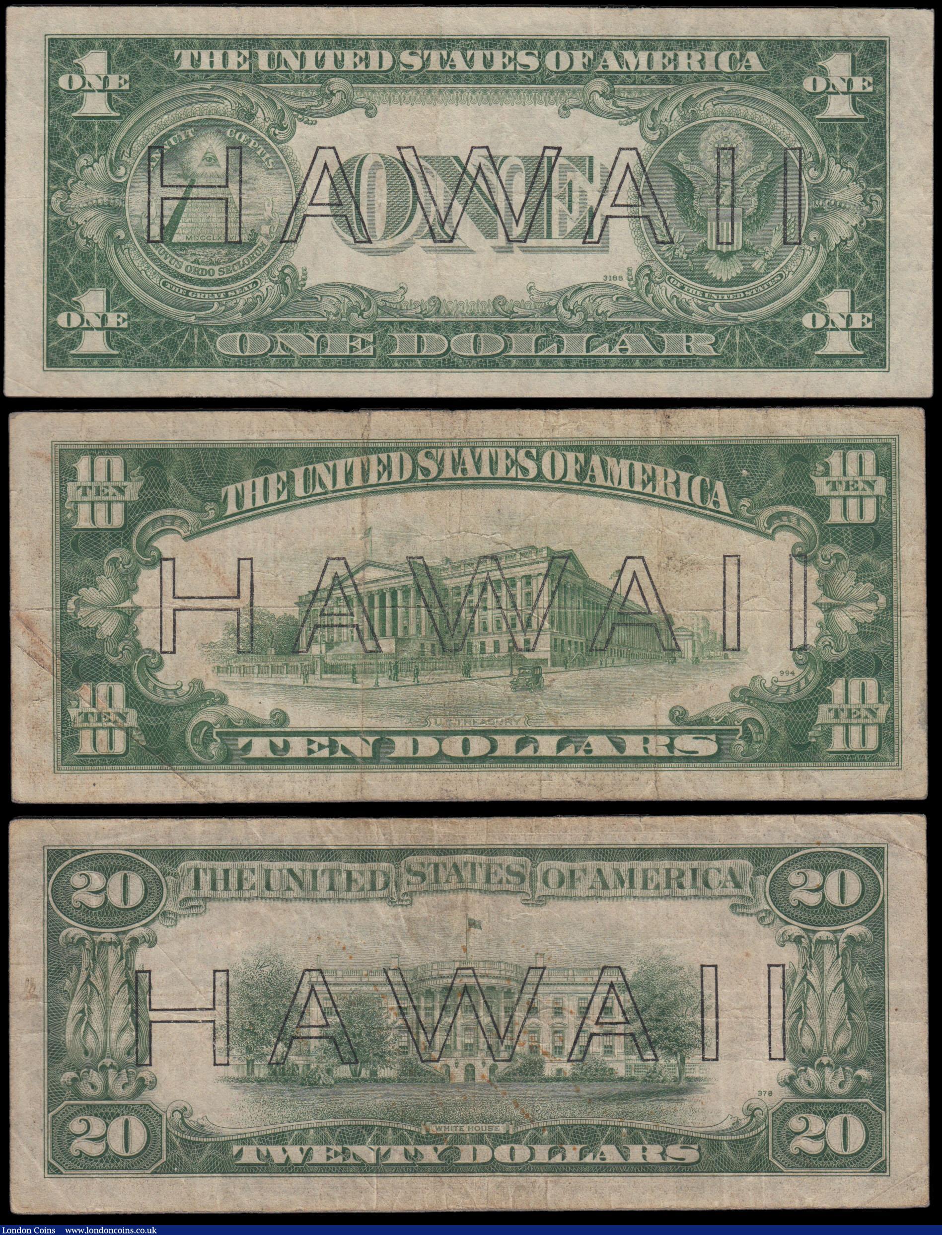 London Coins : A165 : Lot 1218 : Hawaii World War 2 Emergency 1942 Brown seal issues (3) in VG - good Fine all with overprint "H...