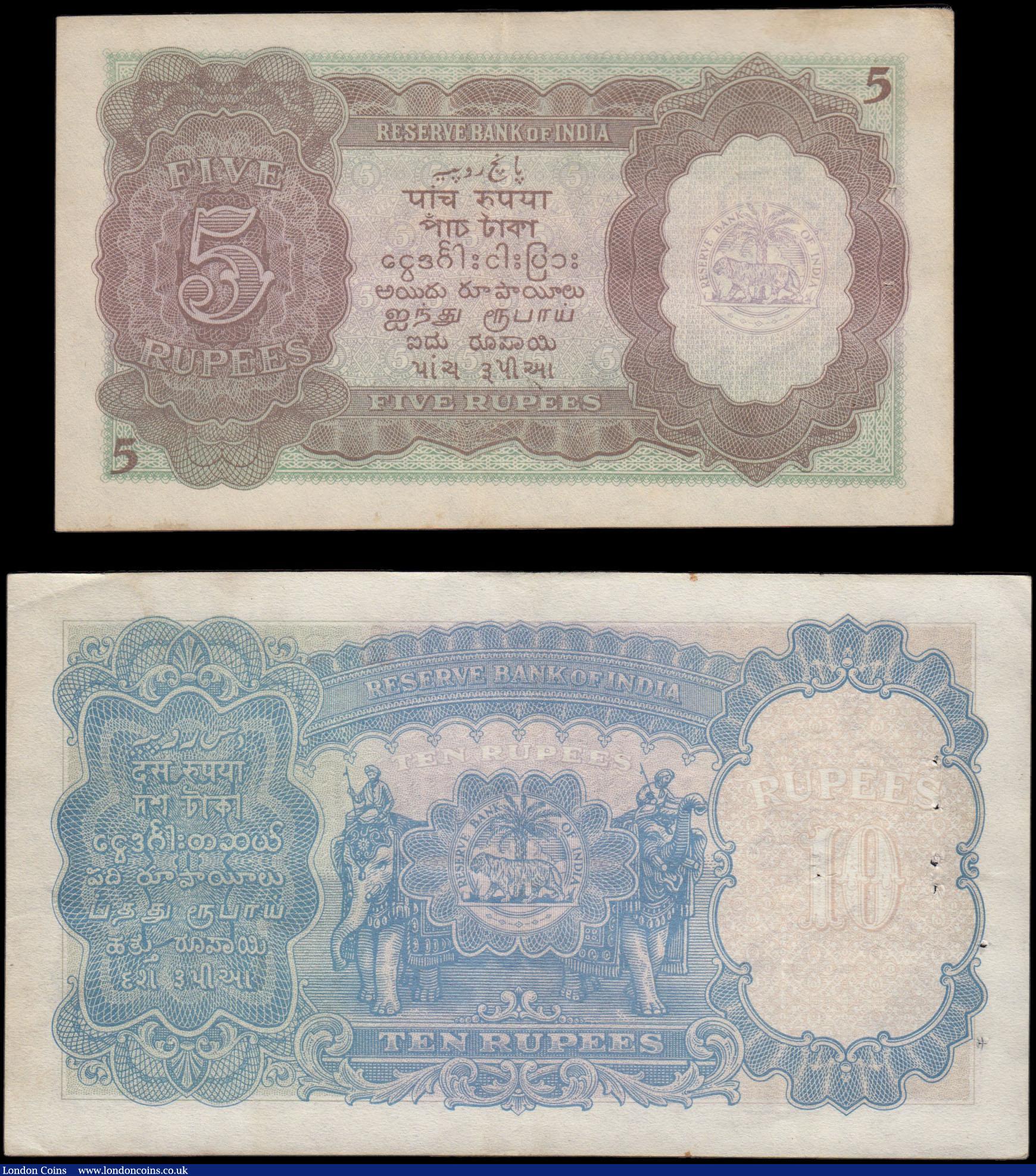 London Coins : A165 : Lot 1226 : India KGVI portrait 1943 undated issues (2) comprising 5 Rupees Pick 18b signed Deshmukh black seria...