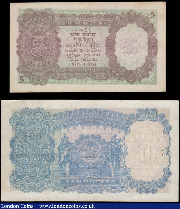 India KGVI portrait 1943 undated issues (2) comprising 5 Rupees Pick 18b signed Deshmukh black serial M/54 456272 GVF - EF usual 2 pinholes to left and 10 Rupees Pick 19a signed Taylor red serial B/85 279778 GVF : World Banknotes : Auction 165 : Lot 1226