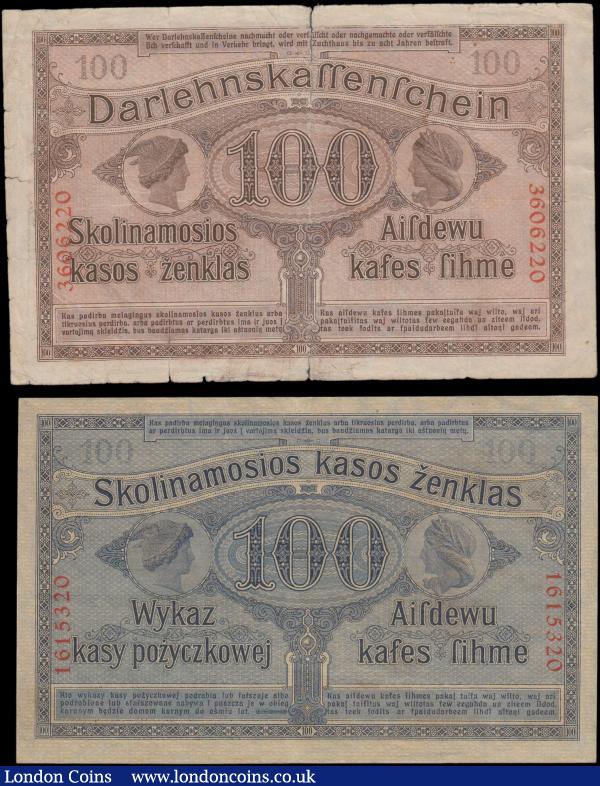Lithuania OCCUPATION OF LITHUANIA World War 1 (2) 100 Rubel Ostbank fur Handel und Gewerbe - Darlehnskasse Ost, Posen Pick R126 dated 17th April 1916 GVF and 100 Rubel Darlehnskasse Ost, Kowno (Kaunas) Pick R133 dated 4th April 1918 VG or near so  : World Banknotes : Auction 165 : Lot 1236
