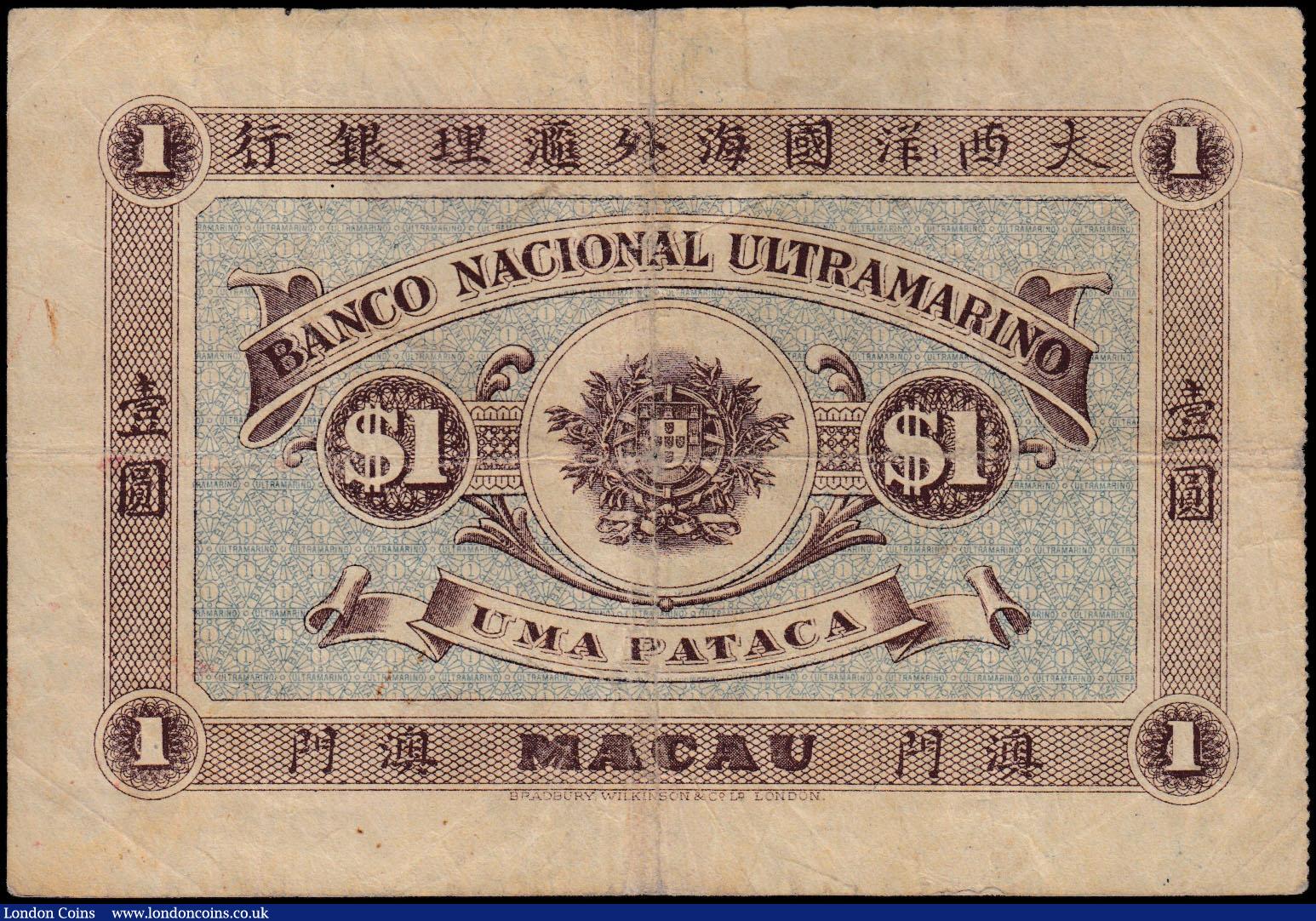 London Coins : A165 : Lot 1237 : Macau 1 Pataca 1.1.1912 printer BWC tiny centre hole Fine or near so Pick 7