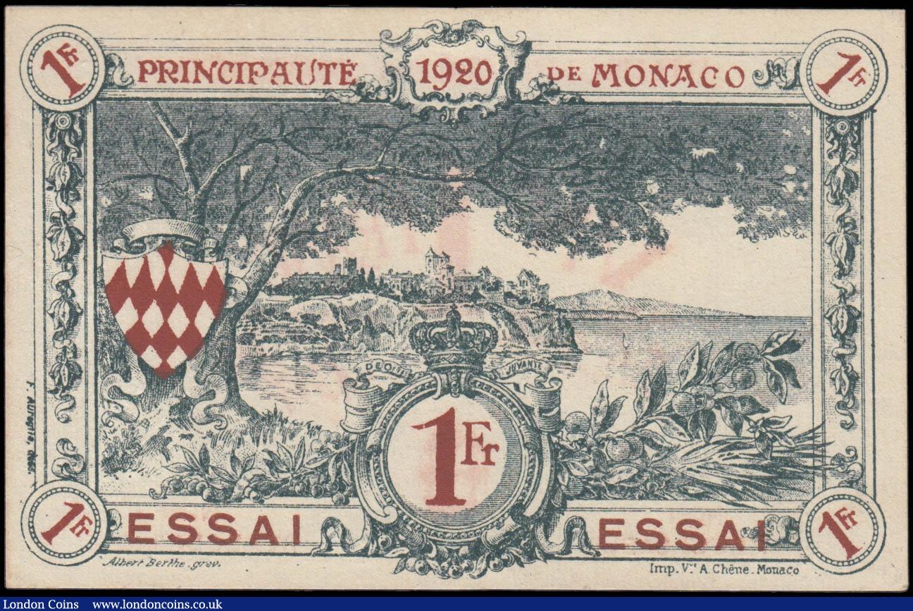 London Coins : A165 : Lot 1240 : Monaco 1 Franc SPECIMEN note ESSAI overprint on serial margin similar to Pick 5 dated 20th March 192...