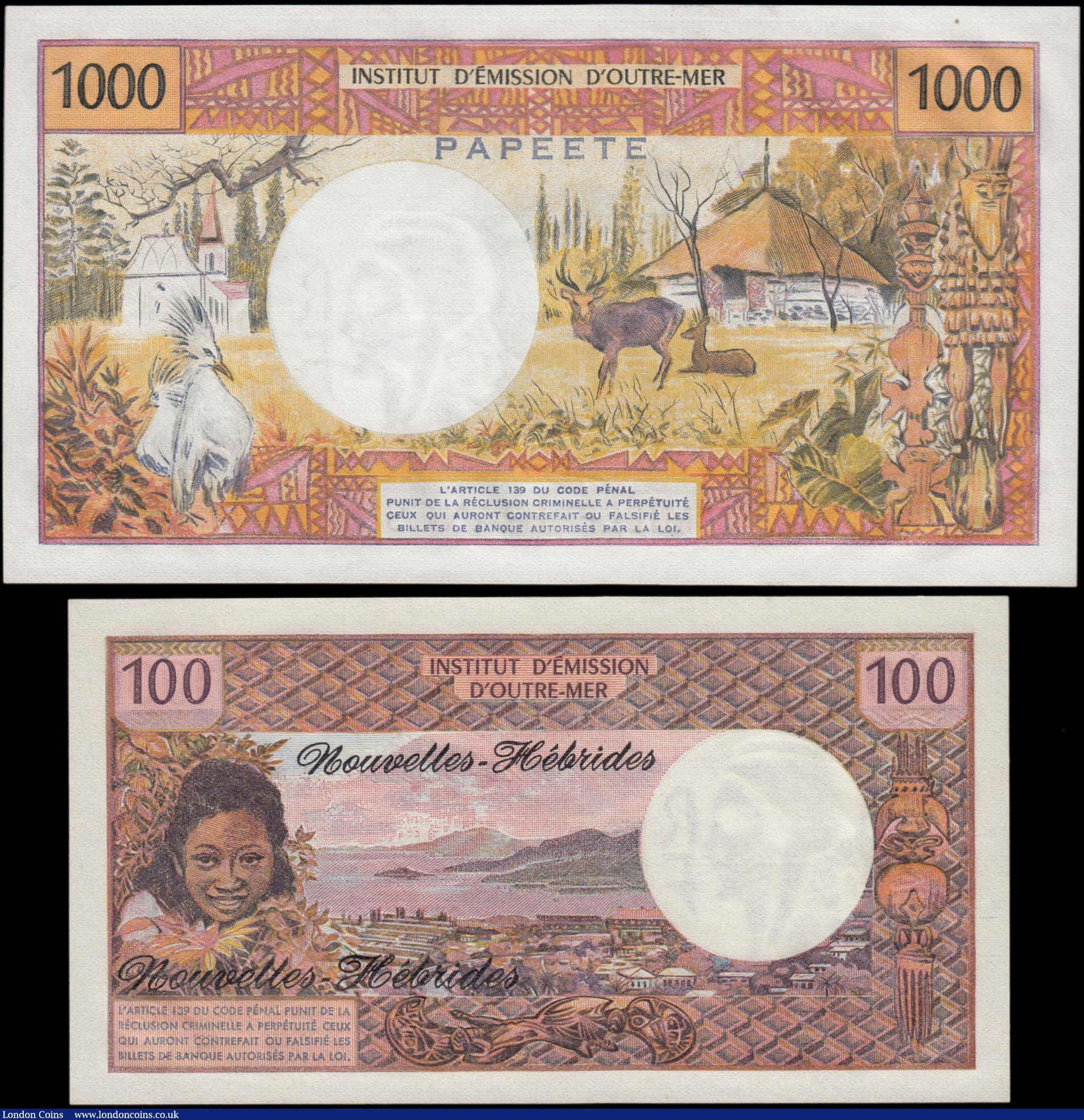 London Coins : A165 : Lot 1267 : Oceania (2) comprising Tahiti 1000 Francs Pick 27c ND (1983) signatures Billecart & Lefort serie...