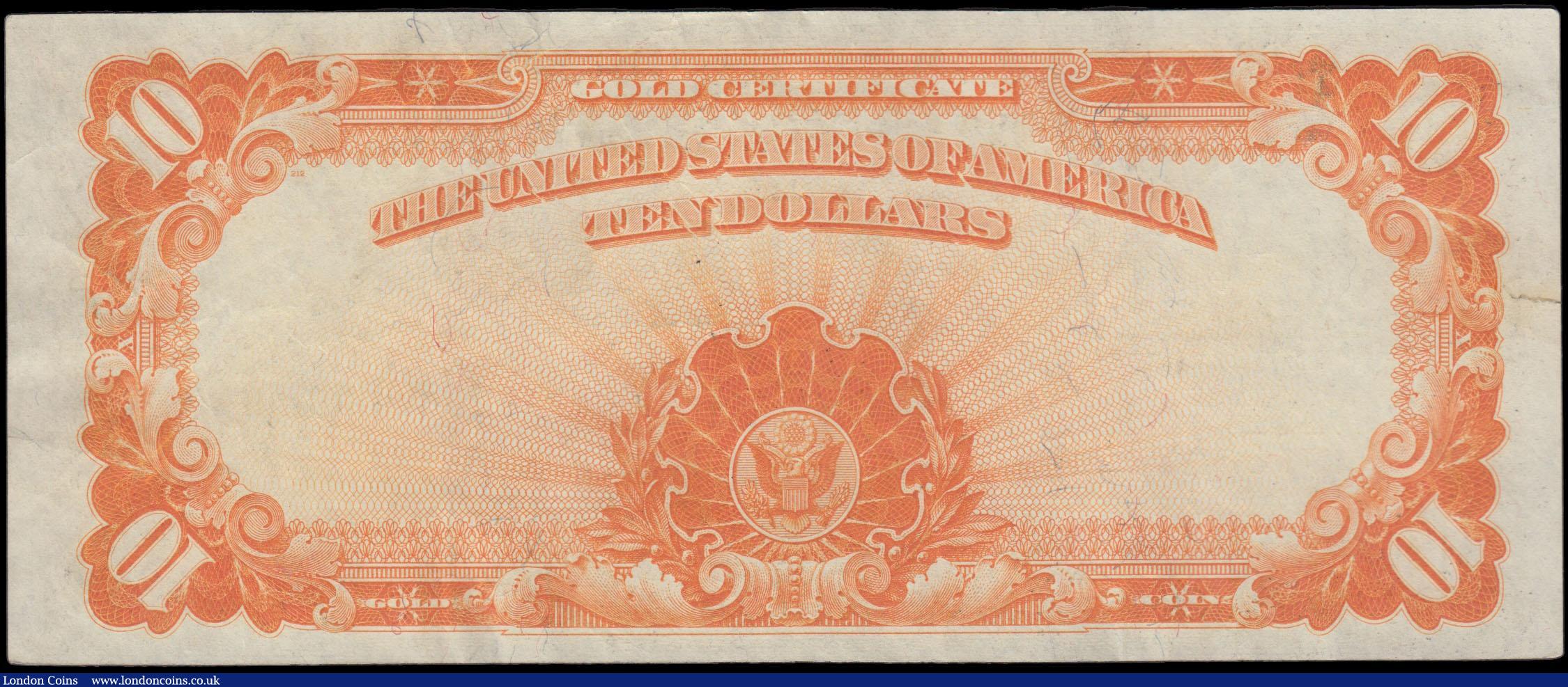 London Coins : A165 : Lot 1277 : USA Ten Dollars Gold Certificate Pick 274 series of 1922 large serial number K57351978 EF with minor...