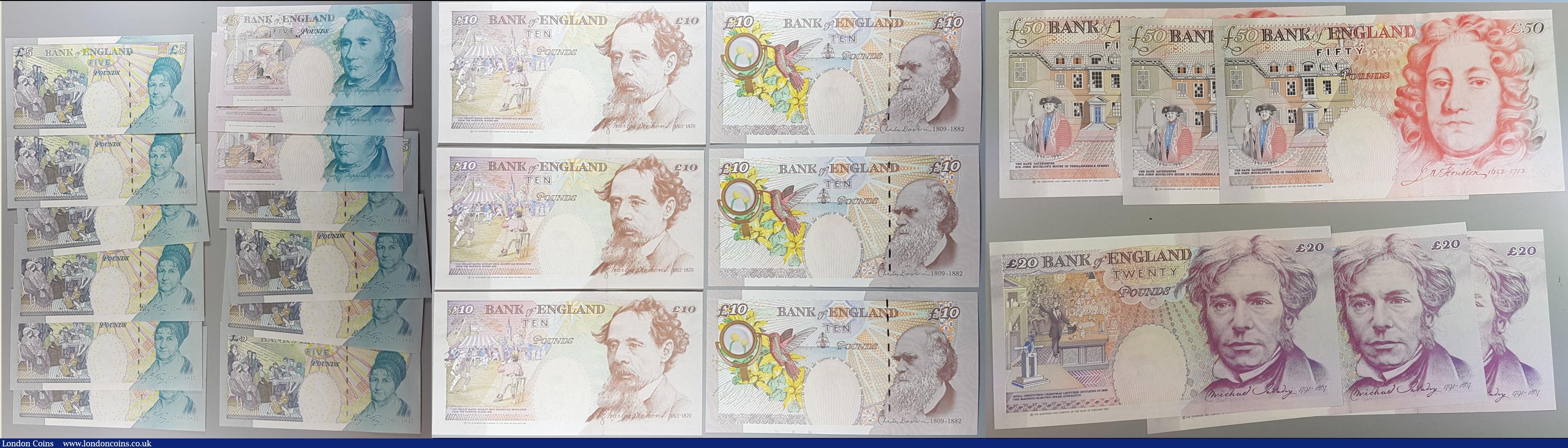 London Coins : A165 : Lot 128 : Bank of England Lowther 5, 10, 20 and 50 Pounds QE2 issues (25) each denomination in consecutive set...