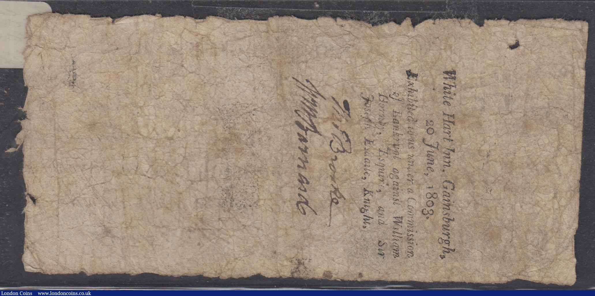 London Coins : A165 : Lot 145 : Gainsborough Bank One Guinea dated 1802 for Wm Hornby & Josh.Esdaile from M. Rilley, signed Wm. ...