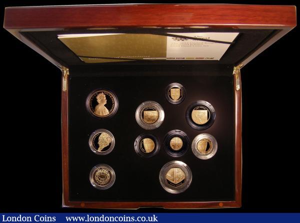 Proof Set 2012 The Diamond Jubilee 10-coin set with all coins in gold, comprising Five Pound Crown, Two Pounds, Two Pounds Dickens, then One Pound to Penny nFDC-FDC with very light toning, in the impressive case of issue with certificate, number 59 of just 150 sets issued : English Cased : Auction 165 : Lot 1618