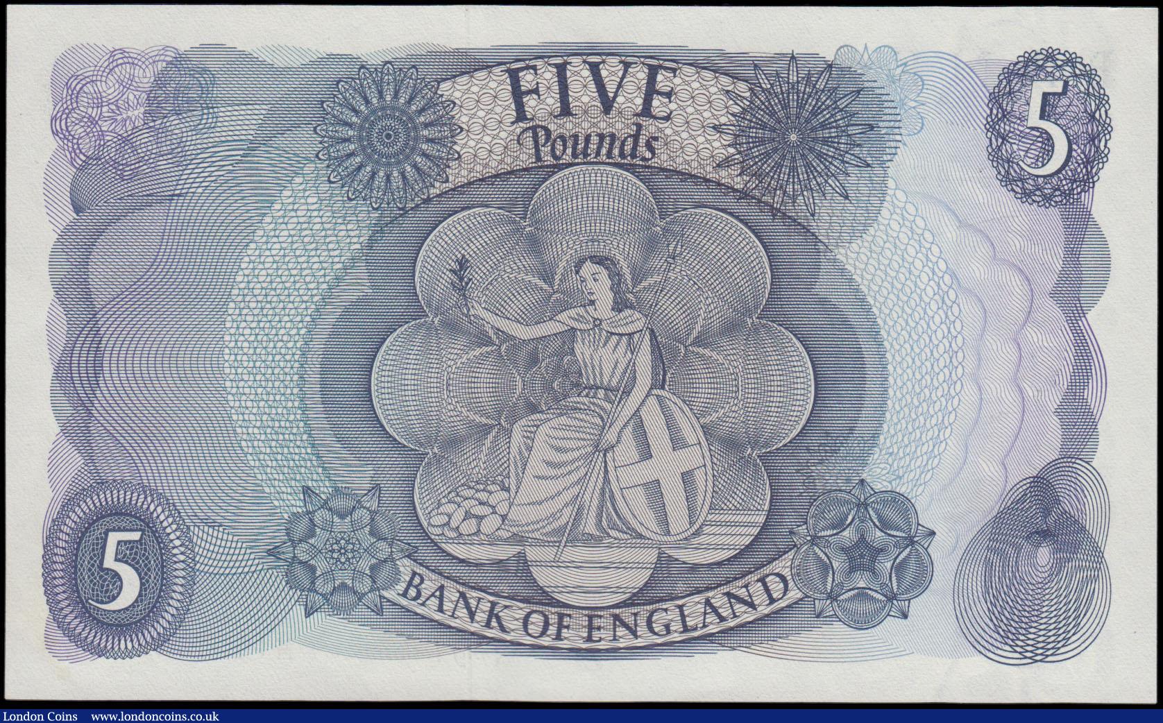 London Coins : A165 : Lot 207 : Five pounds Hollom B298 issued 1963, series M11 644616 replacement, AU-UNC scarce thus