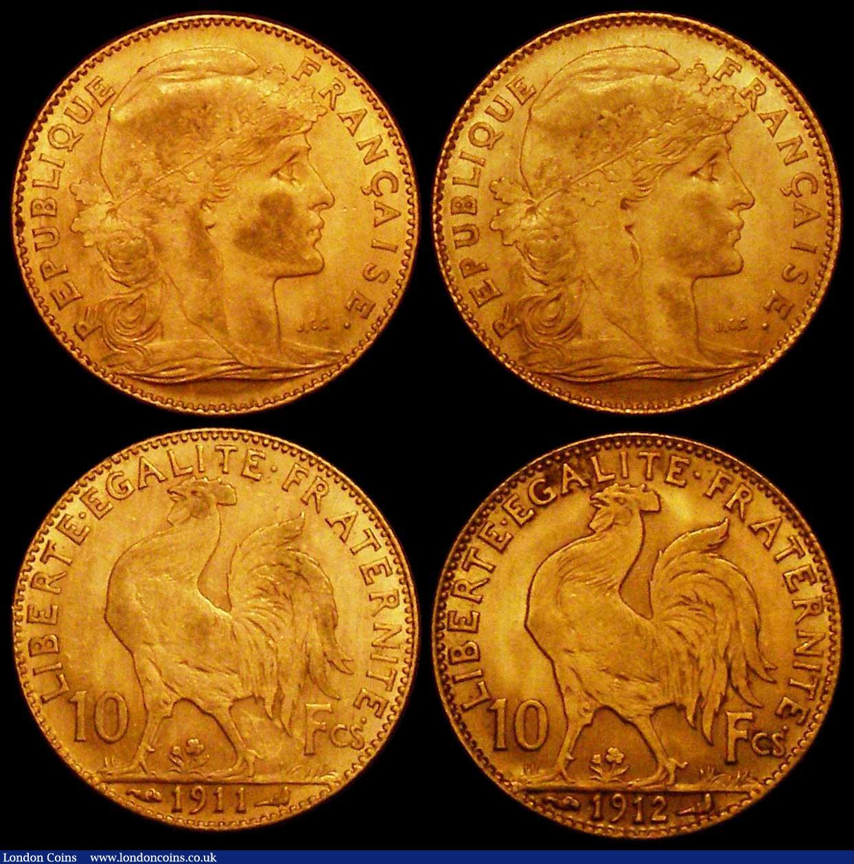 London Coins : A165 : Lot 2149 : France 10 Francs Gold (3) 1911A KM#846 VF, 1912A KM#846 (2) GVF and NEF, Canada Dollar 1994 Aureate ...