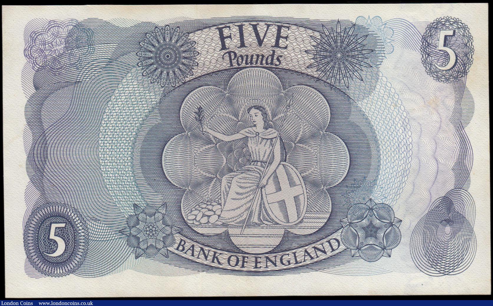 London Coins : A165 : Lot 215 : Five Pounds Fforde 1967 portrait issue B313 Replacement series M24 705769 GEF with some minor dirt h...