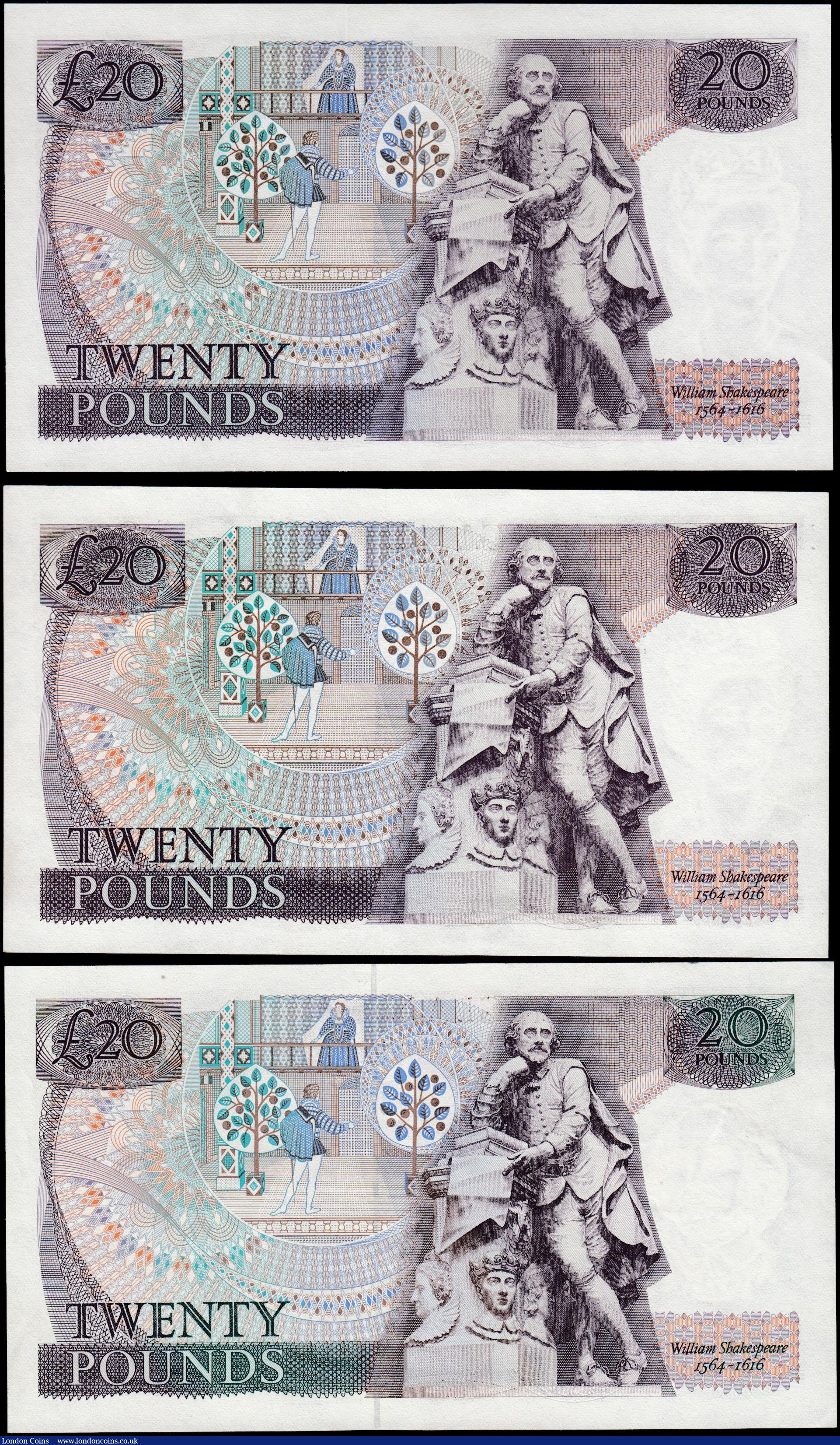 London Coins : A165 : Lot 226 : Twenty Pounds (3) Page B328 issued 1970 first series A17 666955 William Shakespeare on reverse Pick3...