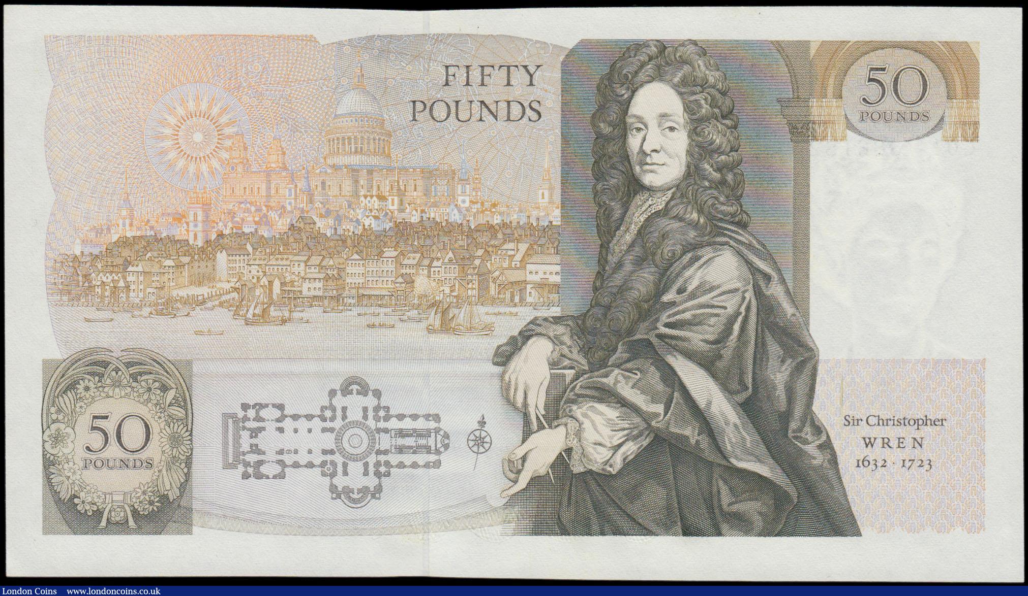 London Coins : A165 : Lot 249 : Gill Fifty Pounds B356 issued 1988 scarce FIRST RUN series C01 886182, Sir Christopher Wren on rever...