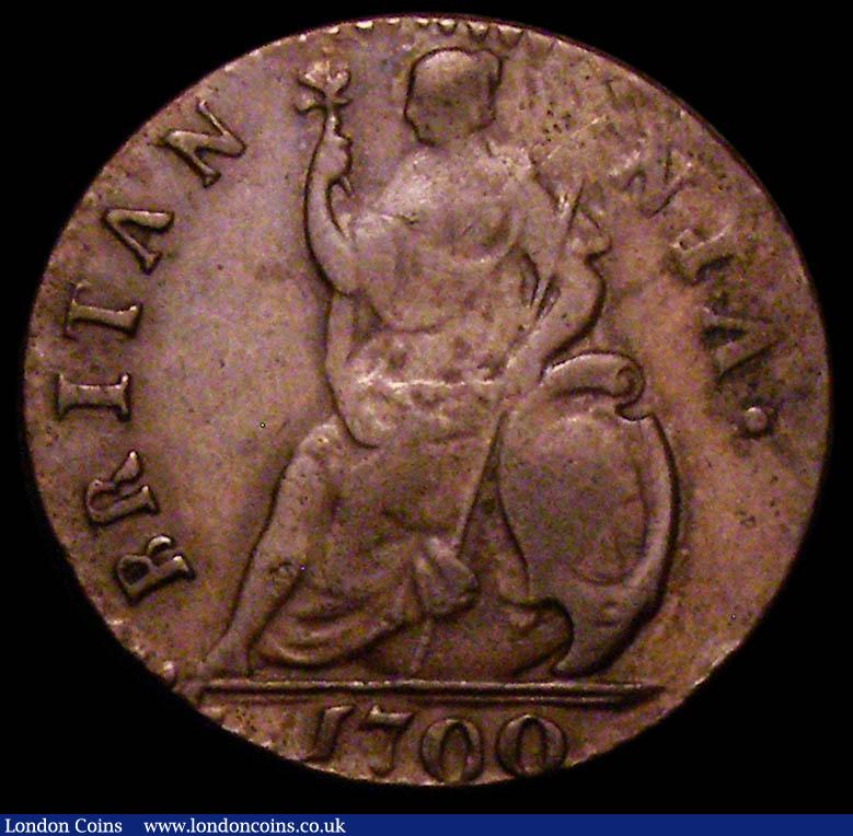 London Coins : A165 : Lot 2558 : Farthing 1700 B in BRIT broken at it's base and resembling an R, Small T's in TERTIVS, ext...