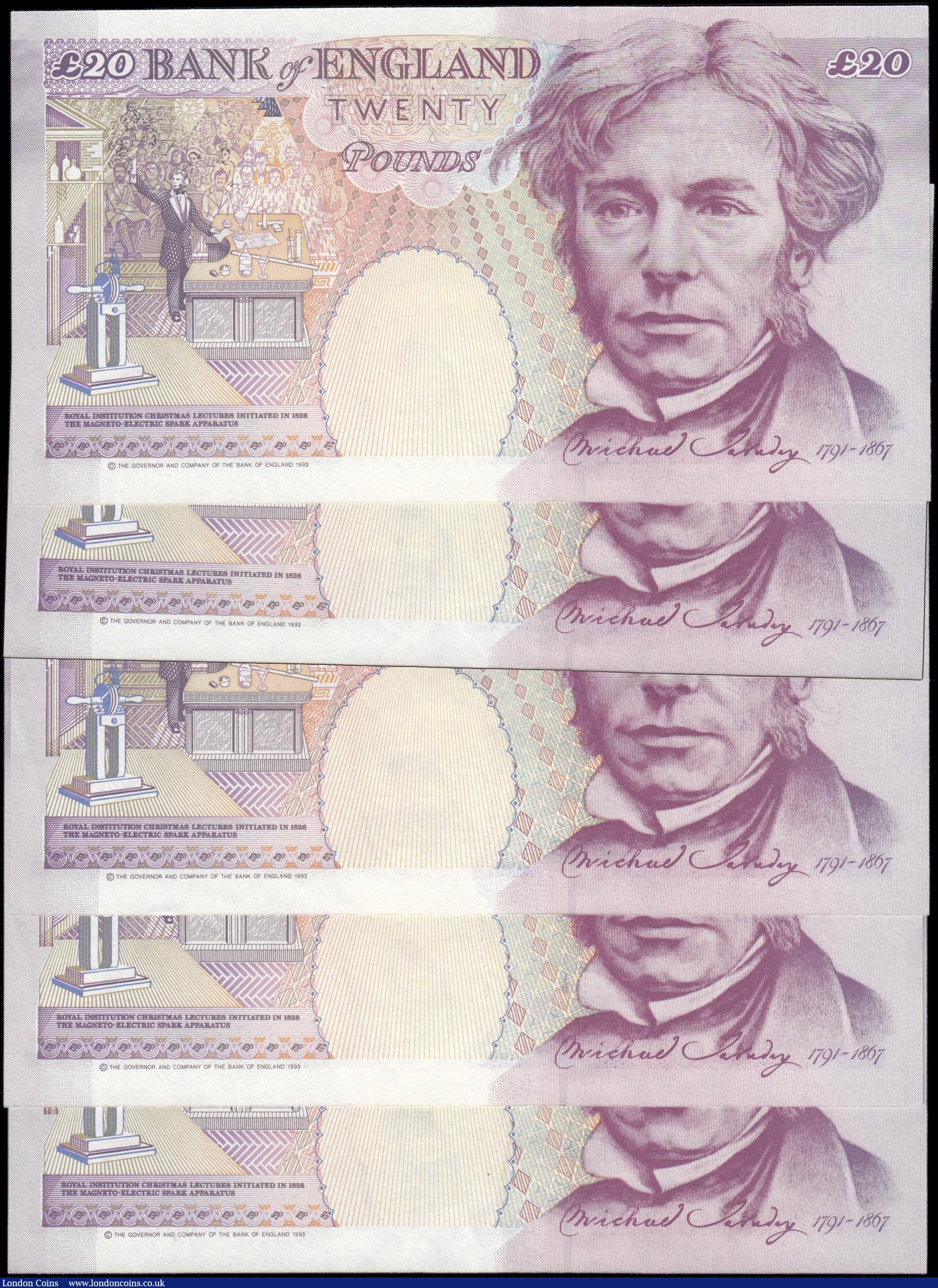 London Coins : A165 : Lot 259 : Twenty Pounds Kentfield B375 issued 1994 Michael Faraday on reverse (5) a consecutive number run CC8...