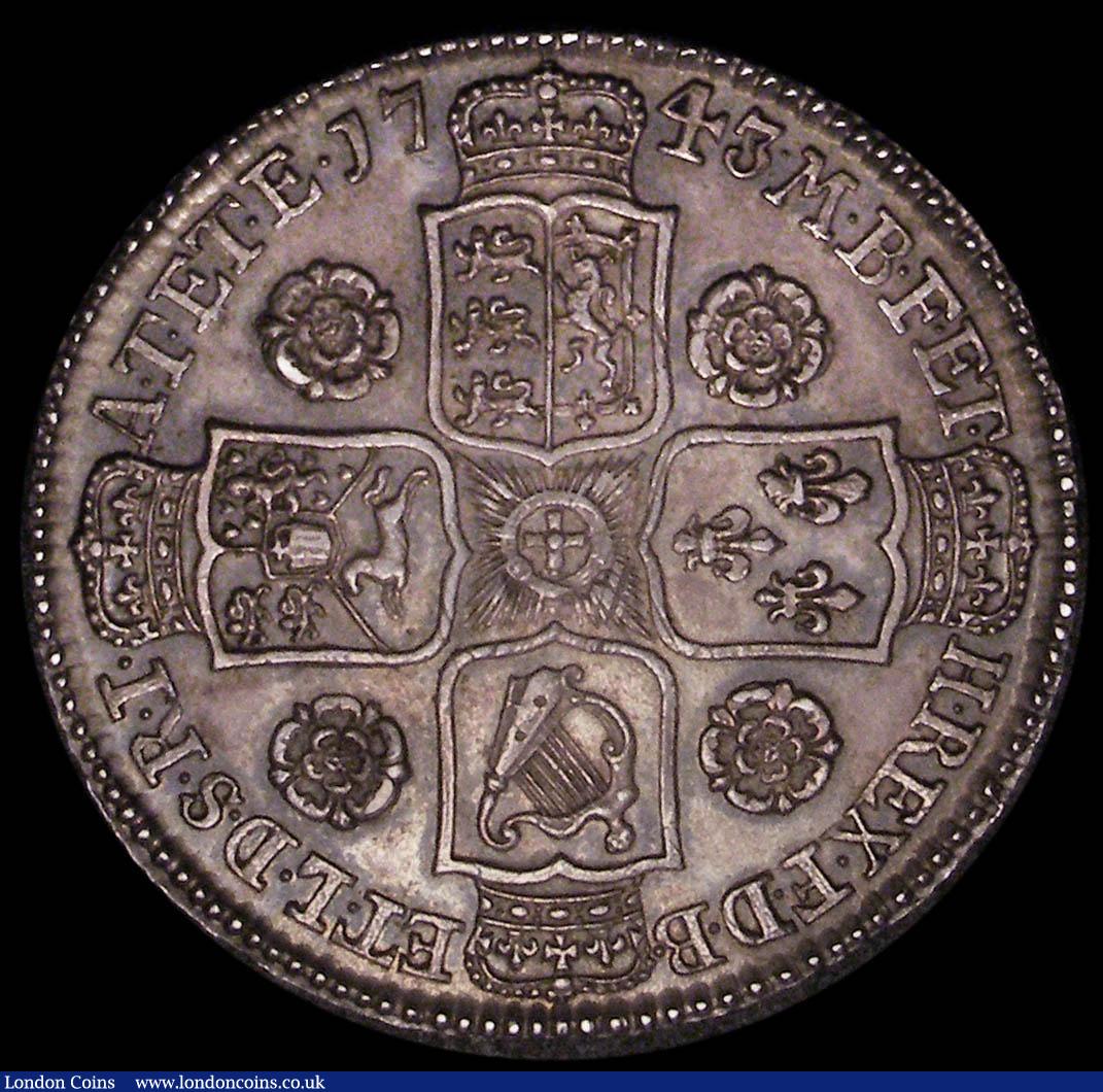 London Coins : A165 : Lot 2728 : Halfcrown 1743 Roses ESC 603A, Bull 1684 EF/GEF with scattered light haymarks, and some light adjust...