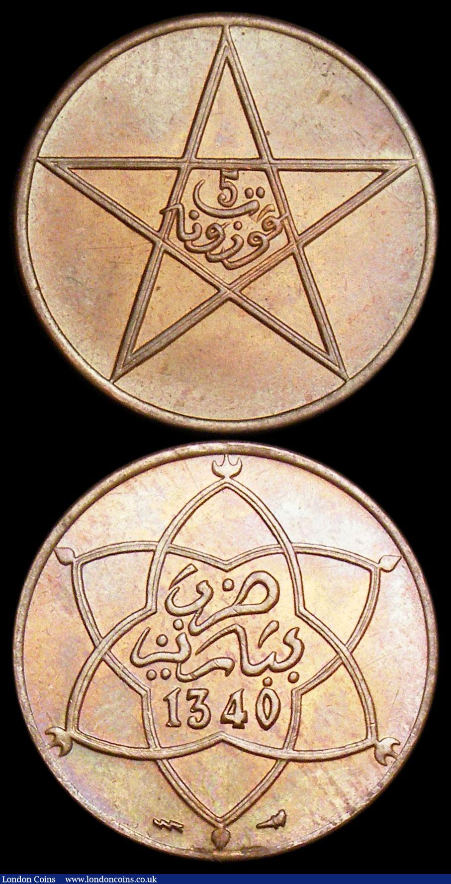 London Coins : A165 : Lot 3723 : Morocco (2) 10 Mazunas AH1340 Py (1922) Y#29.2 UNC or near so and lustrous, 5 Mazunas AH1340 Py (192...
