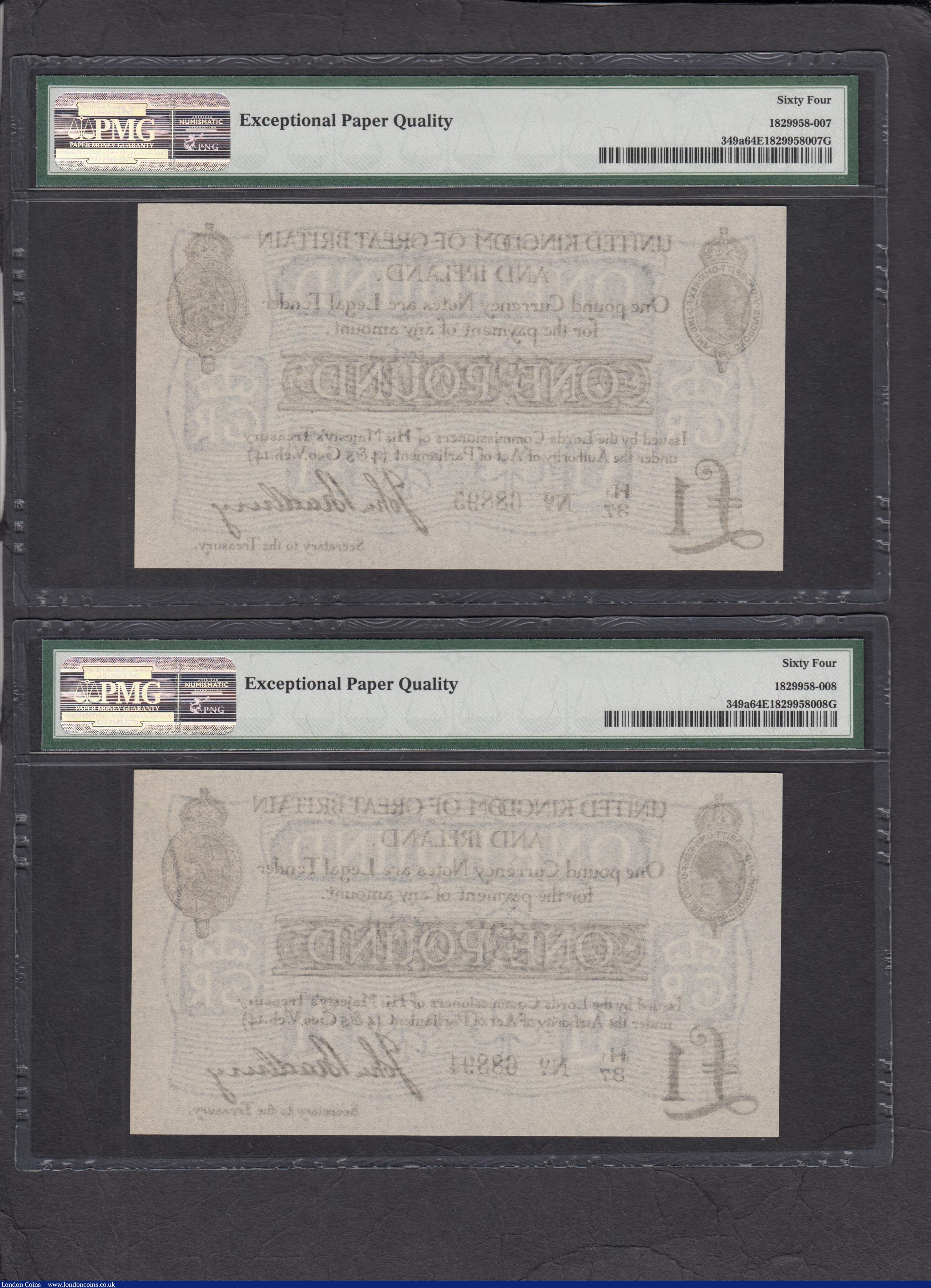 London Coins : A165 : Lot 4 : One Pound Bradbury T11.2 Second issue 1914 (2) a consecutive pair series H1/37 68894 & H1/37 688...