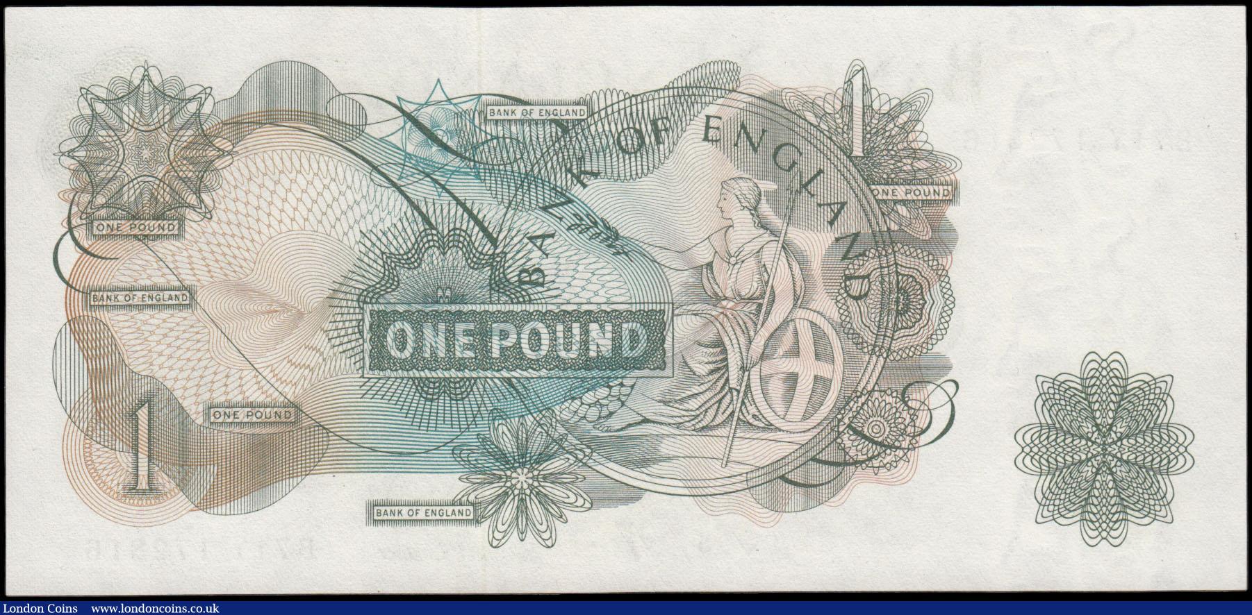 London Coins : A165 : Lot 409 : One Pound Fforde, B301 Green QE2 and seated Britannia issue 1967, first series B71Y 172816, UNC