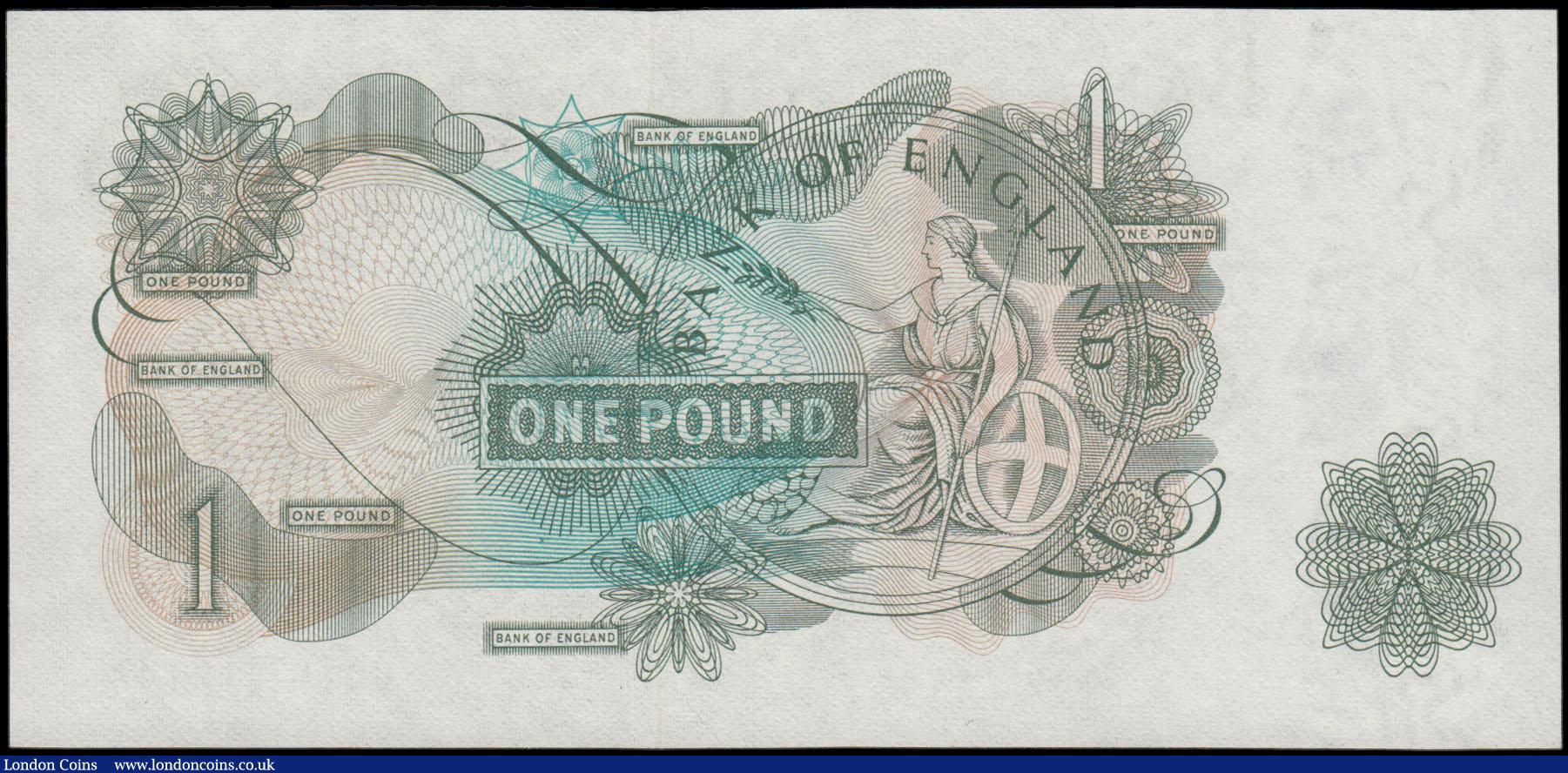 London Coins : A165 : Lot 413 : One Pound Fforde QE2 & seated Britannia B306 Replacement issue 1967 only - last run series U01M ...