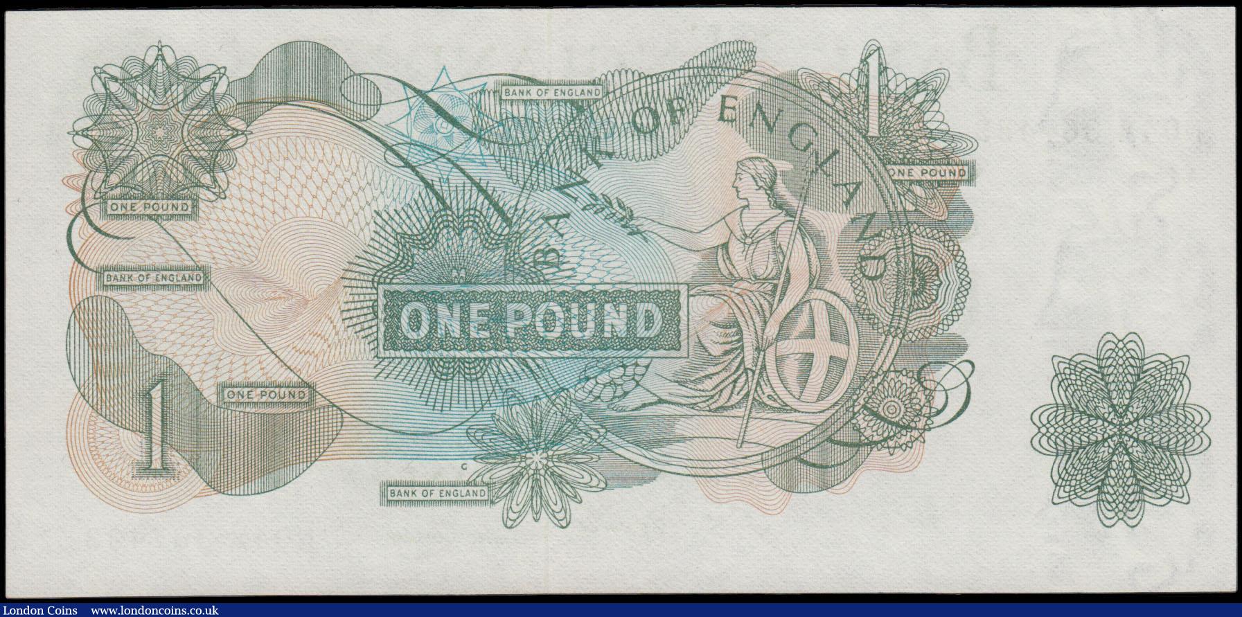 London Coins : A165 : Lot 416 : One Pound QE2 portrait & seated Britannia, Fforde B308 Replacement Green G Reverse issue 1967 se...